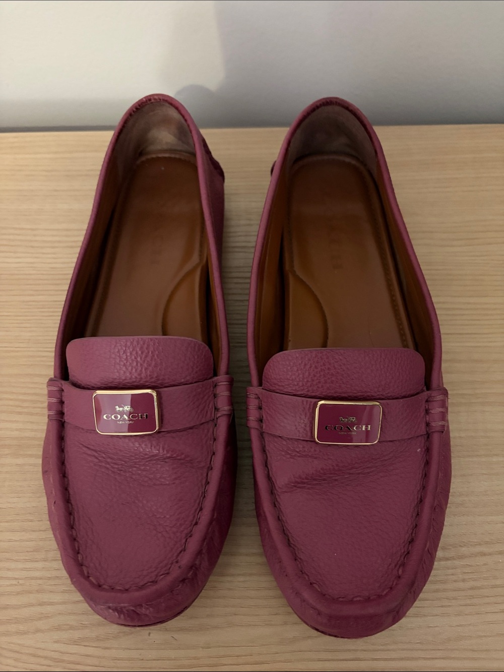 COACH Magenta Leather Penny Loafers with Gold Plaque - Picture 2 of 7